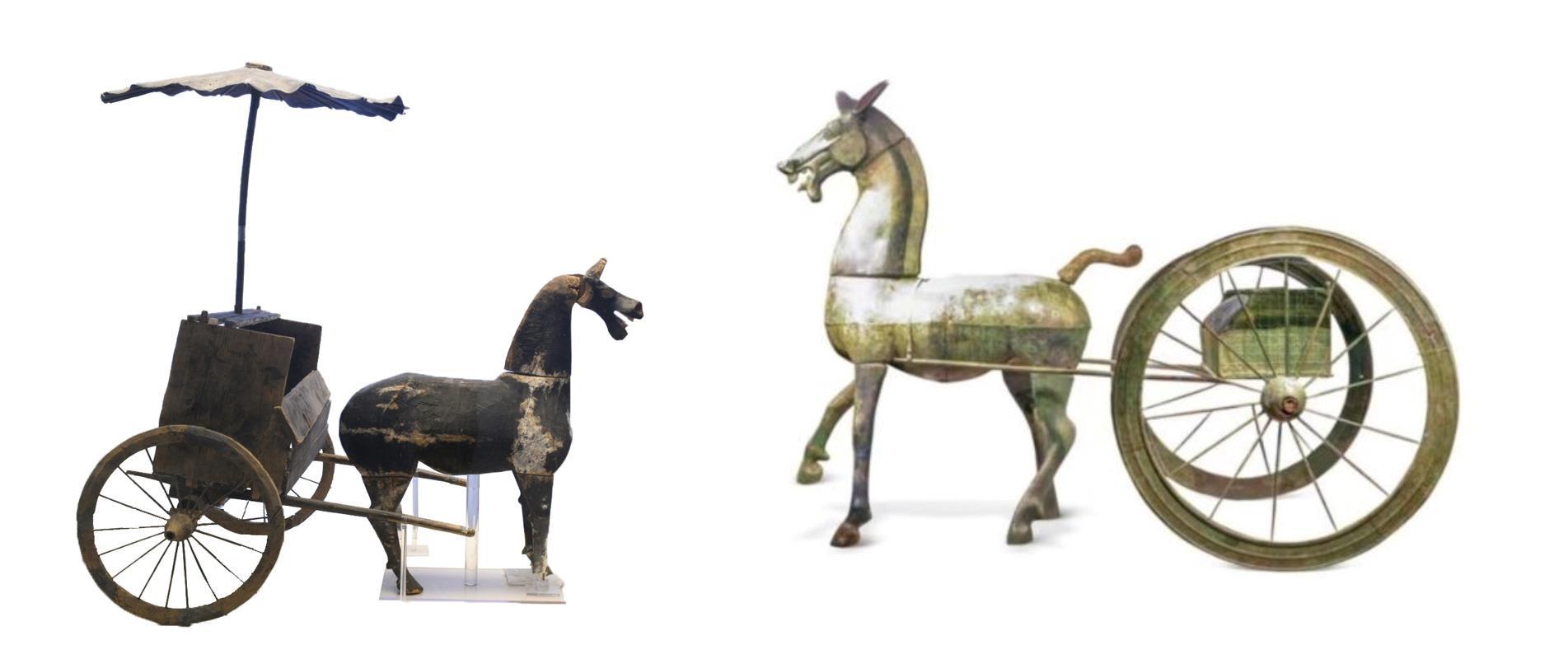 △左為漢代木軺車，藏于青海省博物館；右為東漢銅車馬，藏于黔西南州博物館。